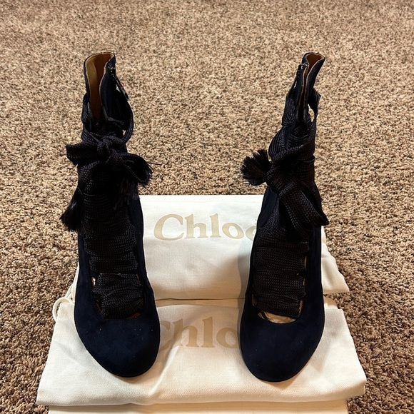 CHLOE Harper Blue Lagoon Lace-up Heeled Boots Navy 38 - Picture 12 of 12